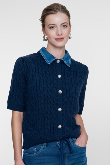 Geisha Vest CARDIGAN MET DENIM KRAAG EN KABELSTRUCTUUR 64507 10 675 navy/denim