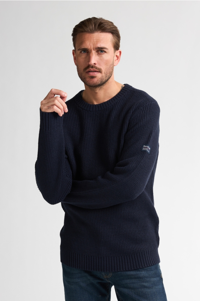 Petrol Industries blauwe heren trui | Model vooraanzicht