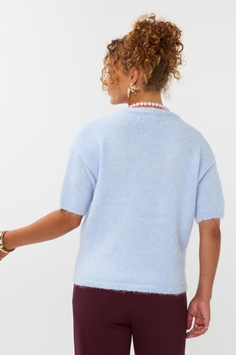 Ydence blauwe dames trui | Model achteraanzicht