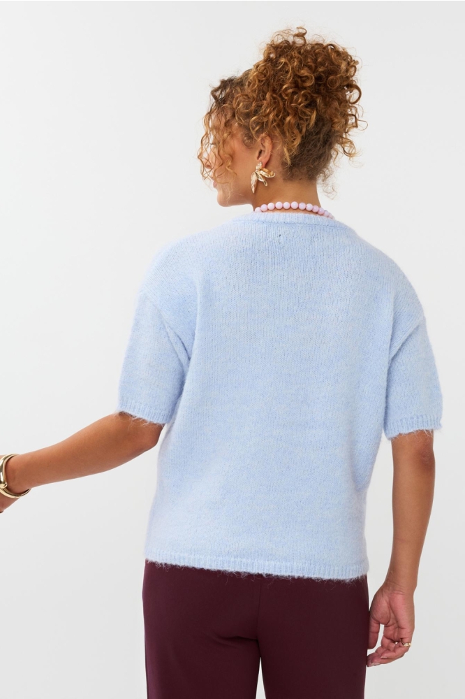 Ydence blauwe dames trui | Model achteraanzicht