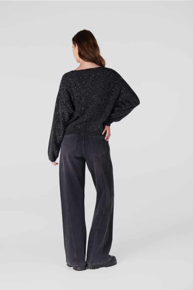 Juffrouw Jansen grijze dames trui | Model achteraanzicht