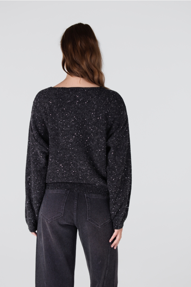 Juffrouw Jansen grijze dames trui | Model achteraanzicht