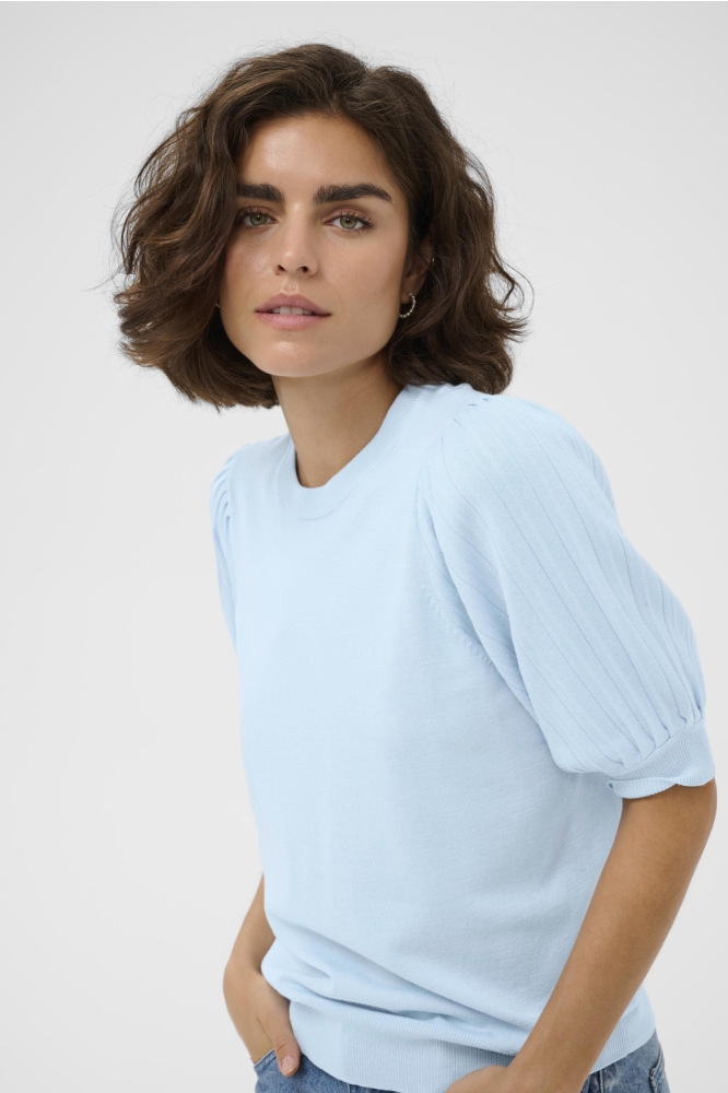 Kaffe blauwe dames trui | Model vooraanzicht