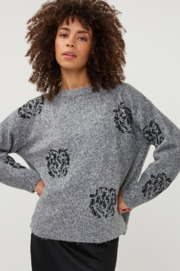 EsQualo Trui SWEATER SEQUIN FLOWER W26 18704 039 grey melange