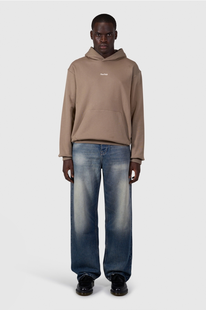 Pure Path taupe heren sweater | Model vooraanzicht
