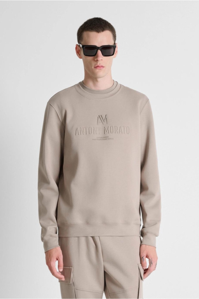 Antony Morato taupe heren sweater | Model vooraanzicht