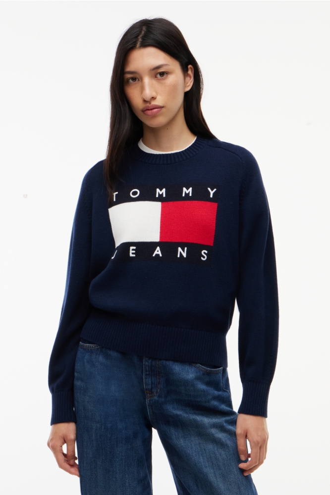 Tommy Jeans blauwe dames trui | Model vooraanzicht