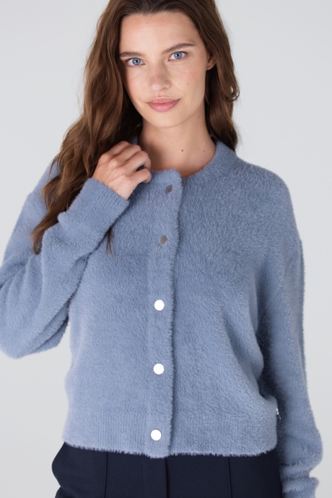 Juffrouw Jansen blauwe dames vest | Model vooraanzicht