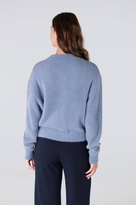 Juffrouw Jansen blauwe dames vest | Model achteraanzicht