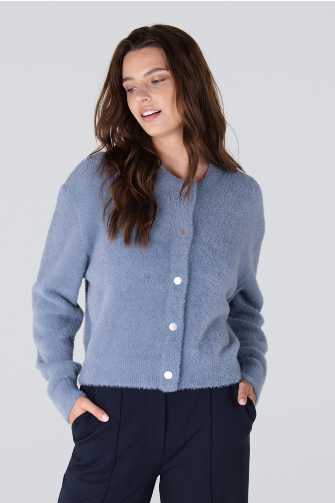 Juffrouw Jansen blauwe dames vest | Model vooraanzicht