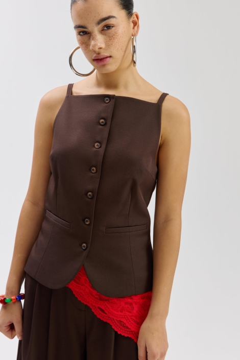 Harper & Yve bruine dames gilet | Model vooraanzicht