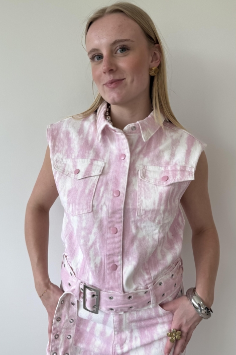 Fluresk roze dames gilet | Model vooraanzicht
