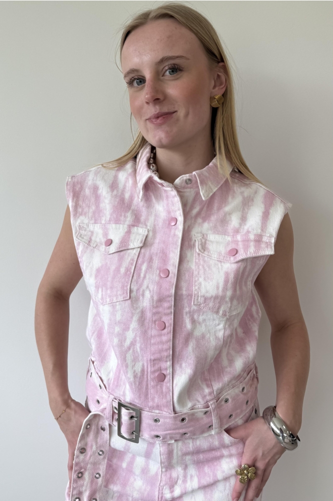 Fluresk roze dames gilet | Model vooraanzicht