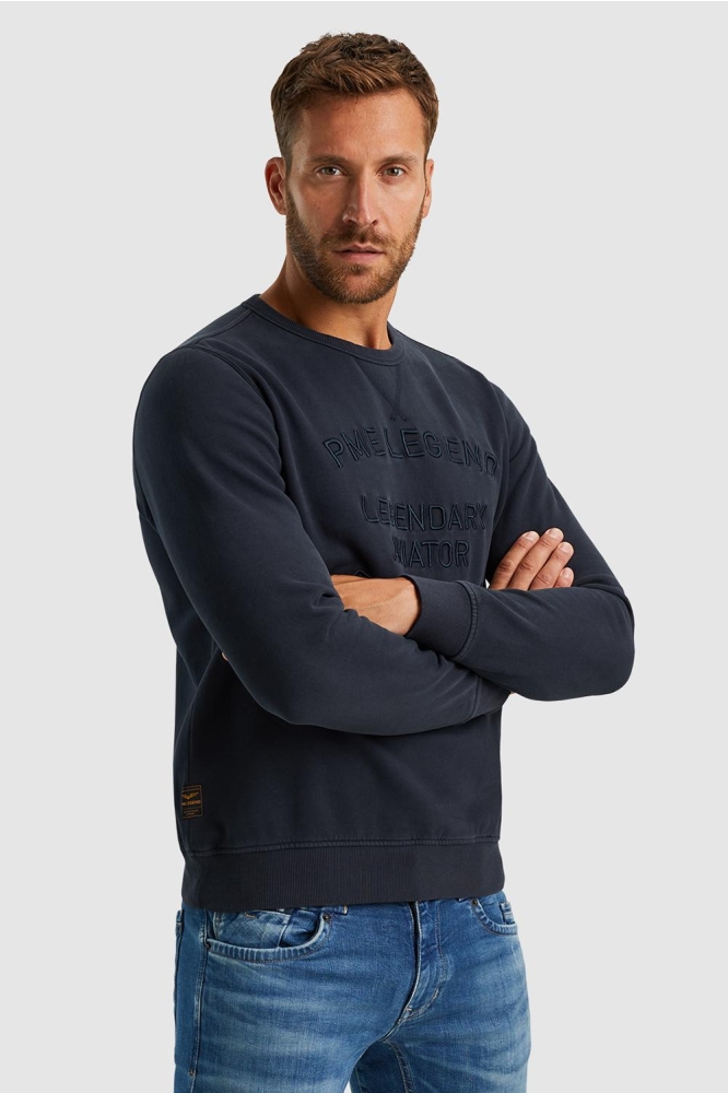 PME legend blauwe heren sweater | Model vooraanzicht