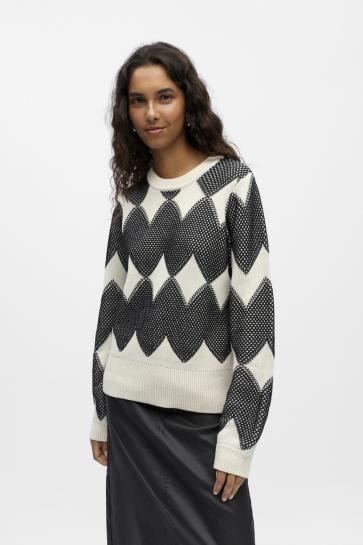 Object Trui OBJOLYMPIA L/S RE KNIT O-PULLOV 141 23048261 WHITE SAND/BLACK