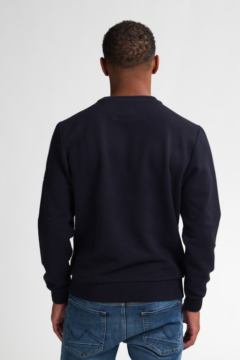 Petrol Industries blauwe heren trui | Model achteraanzicht