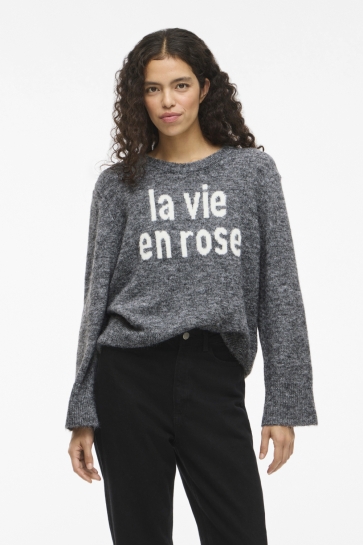 Vila VIMELIE O-NECK L/S DETAIL KNIT TOP/ 14110525 MEDIUM GREY MELANGE/SNOW WHITE