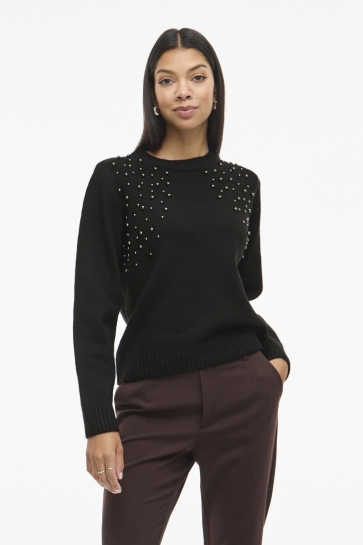 Vila Trui VILANIE O-NECK L/S DECO KNIT TOP 14109993 BLACK BEAUTY/STUDS DTM