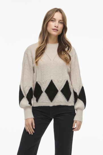 Vila VITULI O-NECK L/S DETAIL KNIT TOP/R 14111309 BIRCH/BLACK BEAUTY