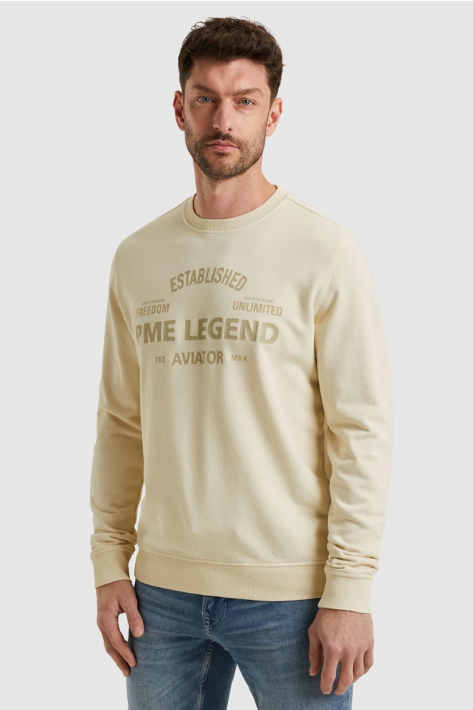 PME legend beige heren sweater | Model vooraanzicht