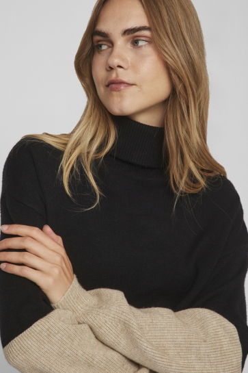 Vila Trui VIRIL BLOCKING ROLL-NK L/S KNIT TOP 14084235 Black/MELANGE