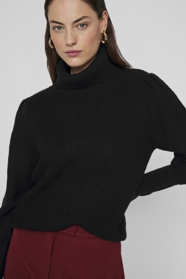 Vila vilou new rollneck l/s knit top - n Zwart