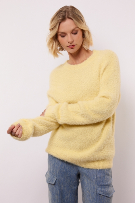 Fluresk gele dames trui | Model vooraanzicht