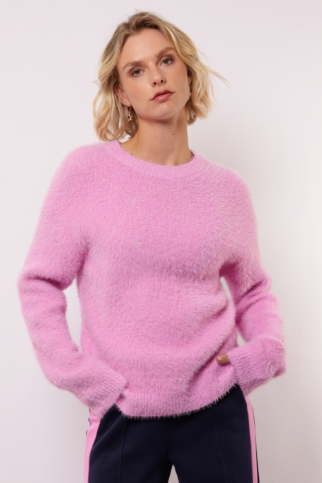 Fluresk roze dames trui | Model vooraanzicht