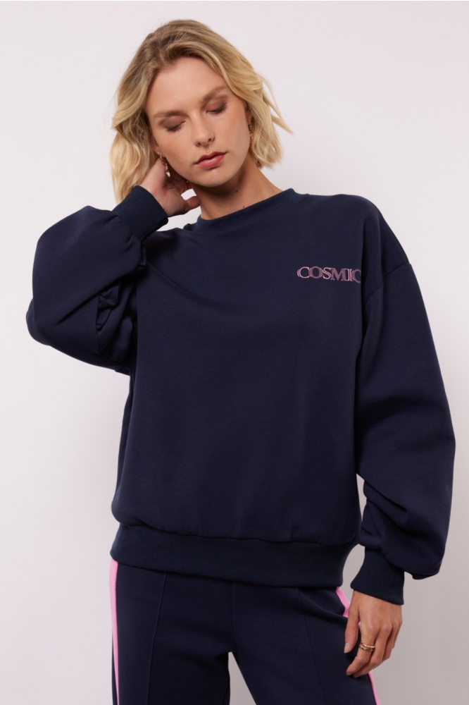 Fluresk blauwe dames sweater | Model vooraanzicht