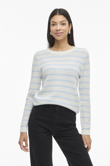 Vila vidalo o-neck l/s stripe knit top- Wit
