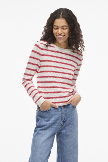 Vila VIDALO O-NECK L/S STRIPE KNIT TOP- 14101685 WHITE ALUSSUM/HIBISCUS