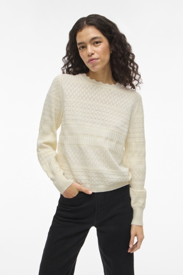 Vila VIMILOS L/S O-NECK POINTELLE TOP - 14113507 Whisper White