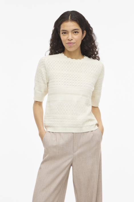 Vila beige dames t-shirt | Model vooraanzicht