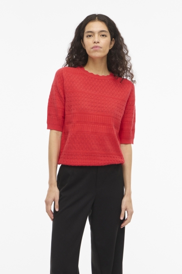 Vila vimilos s/s o-neck pointelle top - Rood