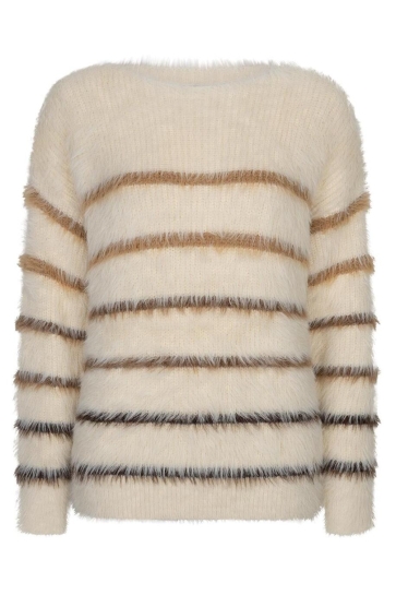 Red Button fuzzy sweater & stripe Ecru