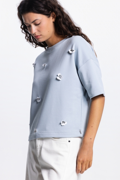 Juffrouw Jansen blauwe dames sweater | Close up