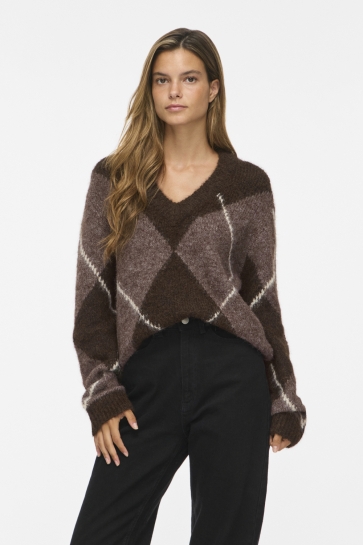 Vila vitolise v-neck l/s check knit top/ Bruin