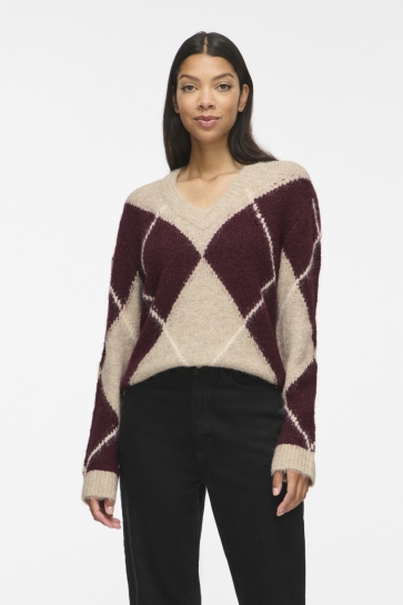 Vila Trui VITOLISE V-NECK L/S CHECK KNIT TOP/ 14119552 Natural Melange/PORT ROYAL
