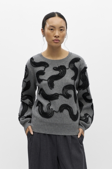 Object Trui OBJFARAH L/S RE KNIT PULLOVER 147 N 23050203 Medium Grey Mel/Black