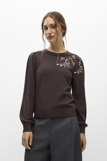 Object Trui OBJTHESS L/S KNIT EMBROIDERY PULLOV 23044822 SEAL BROWN/ SANDSHELL