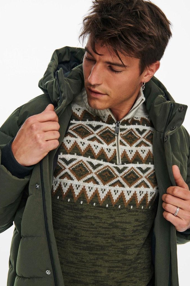 Only & Sons groene heren jas | Model vooraanzicht