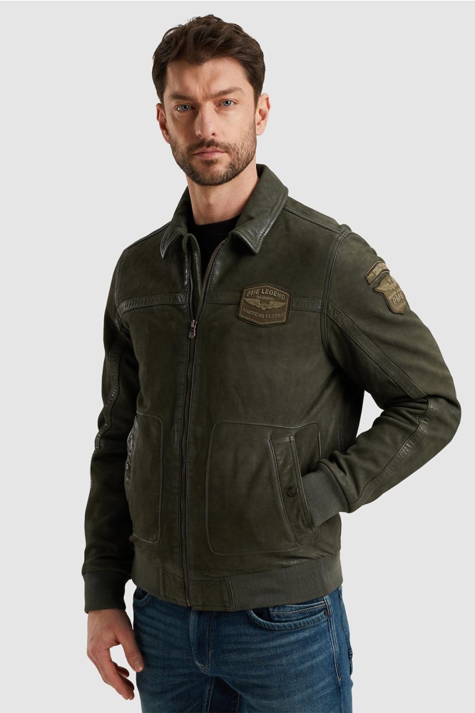 PME legend groene heren leren jas | Model zijaanzicht