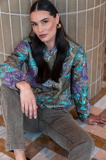 Geisha Jas JACKET MET BLOEMEN EN LUREX 55713-20 GREEN/PURPLE