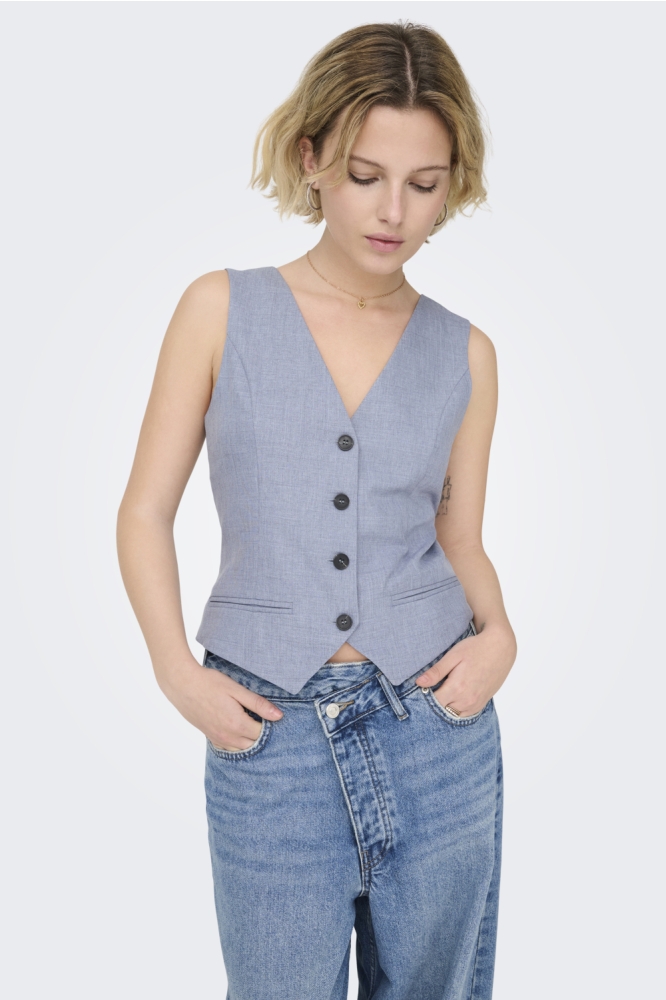 Only blauwe dames gilet | Model vooraanzicht