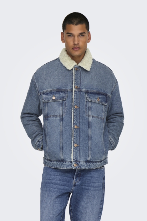 Only & Sons blauwe heren jas | Model vooraanzicht