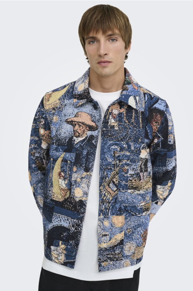 Only & Sons blauwe heren jas | Model vooraanzicht