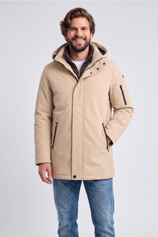 Campbell beige heren jas | Model vooraanzicht
