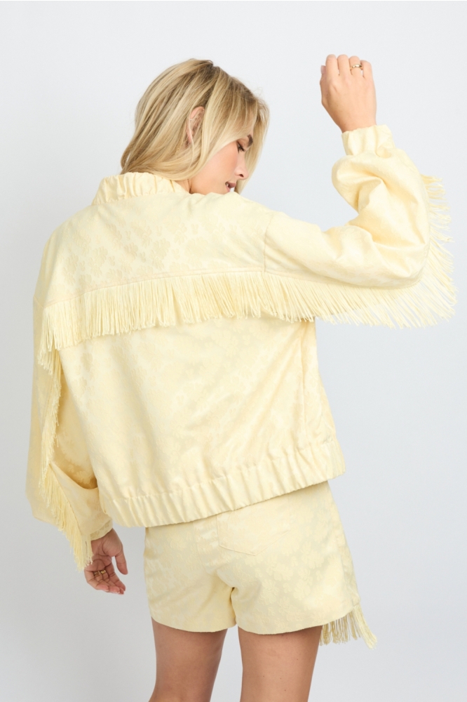 Fluresk gele dames jas | Model achteraanzicht