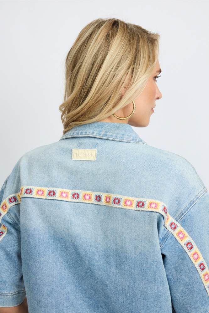 Fluresk blauwe dames jas | Close up