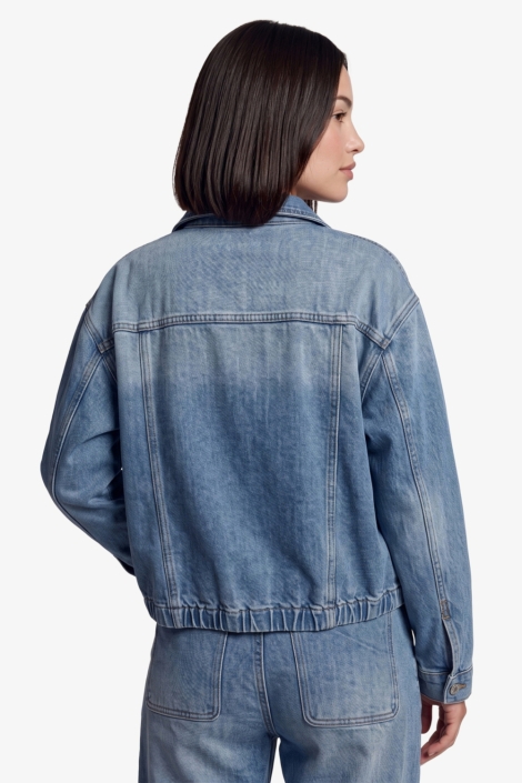 Fluresk blauwe dames jas | Model achteraanzicht